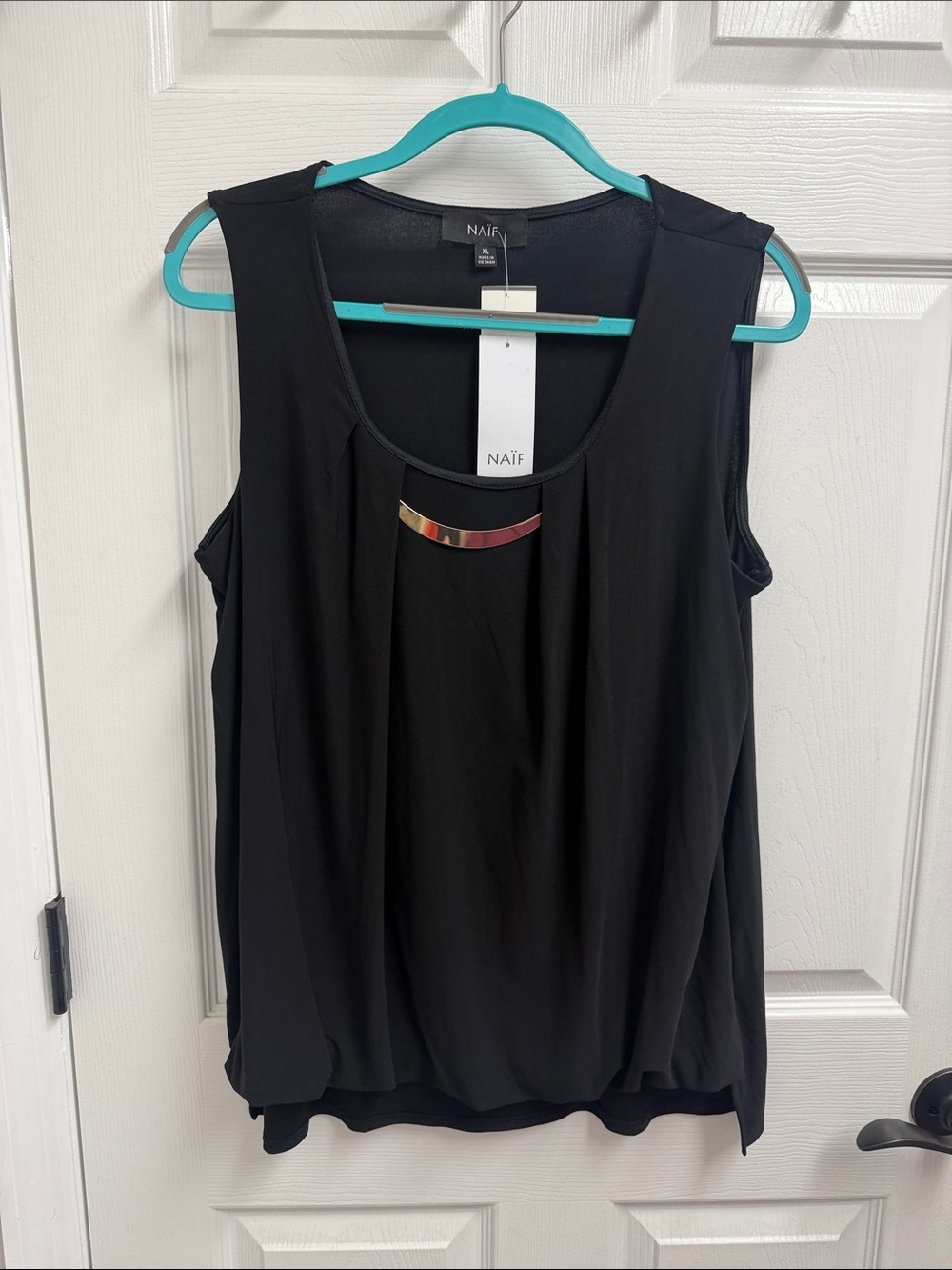 NAIF Black Sleeveless Scoop Neck Top with Gold Accent NWT